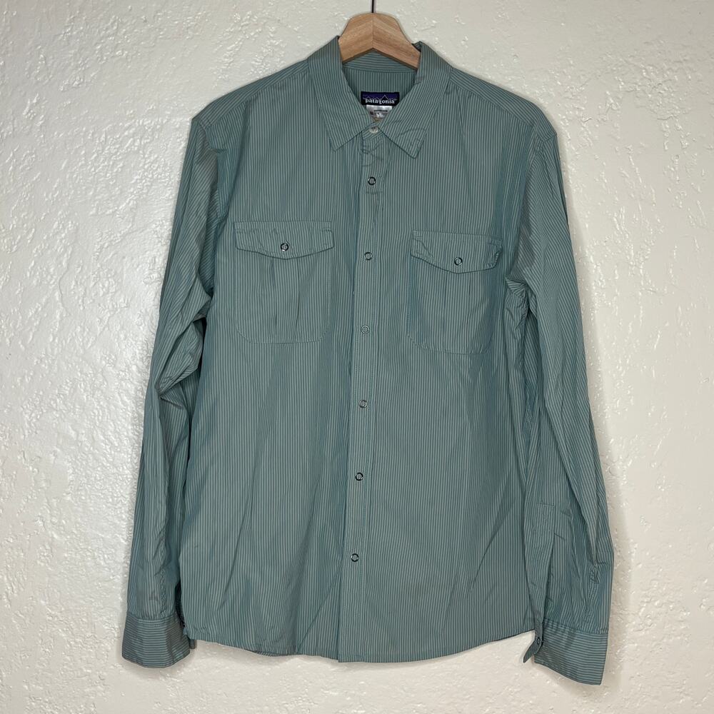 Patagonia Mens Green Striped Snap Button Shirt Flap Pockets Long Sleeve Medium
